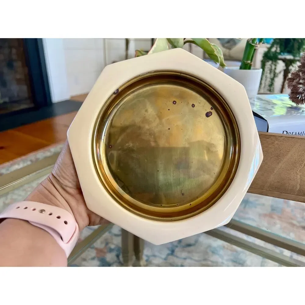 Vintage Made in Italy Brass Plates with Cream Octagon Frame, Set Of 3, MCM